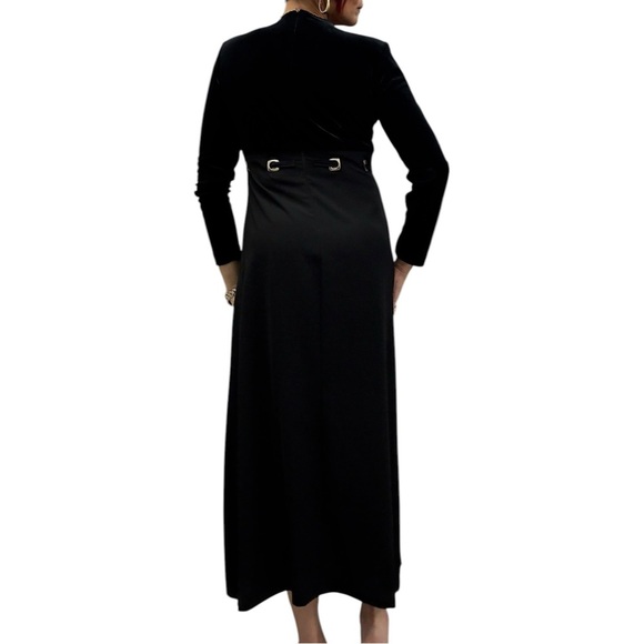 Vintage Velvet Floral Belted Whimsigoth Black Witchy Long Sleeve Crew Neck Dress - Picture 5 of 16